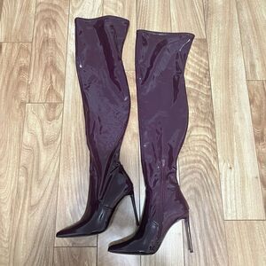 Steve Madden Long Boots Women 8.5 Red Burgundy Shiny Patent Over The Knee Heel